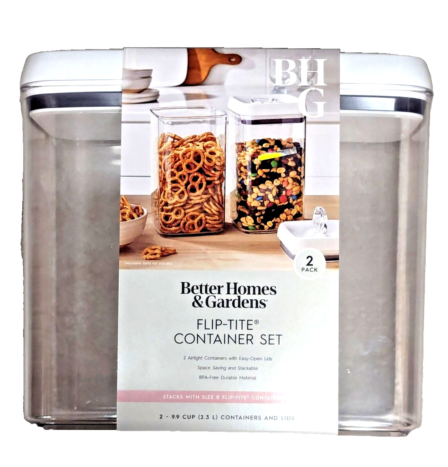 Better Homes & Gardens Flip-Tite Clear Containers 9.9 Cup 2-pc White Lids NEW