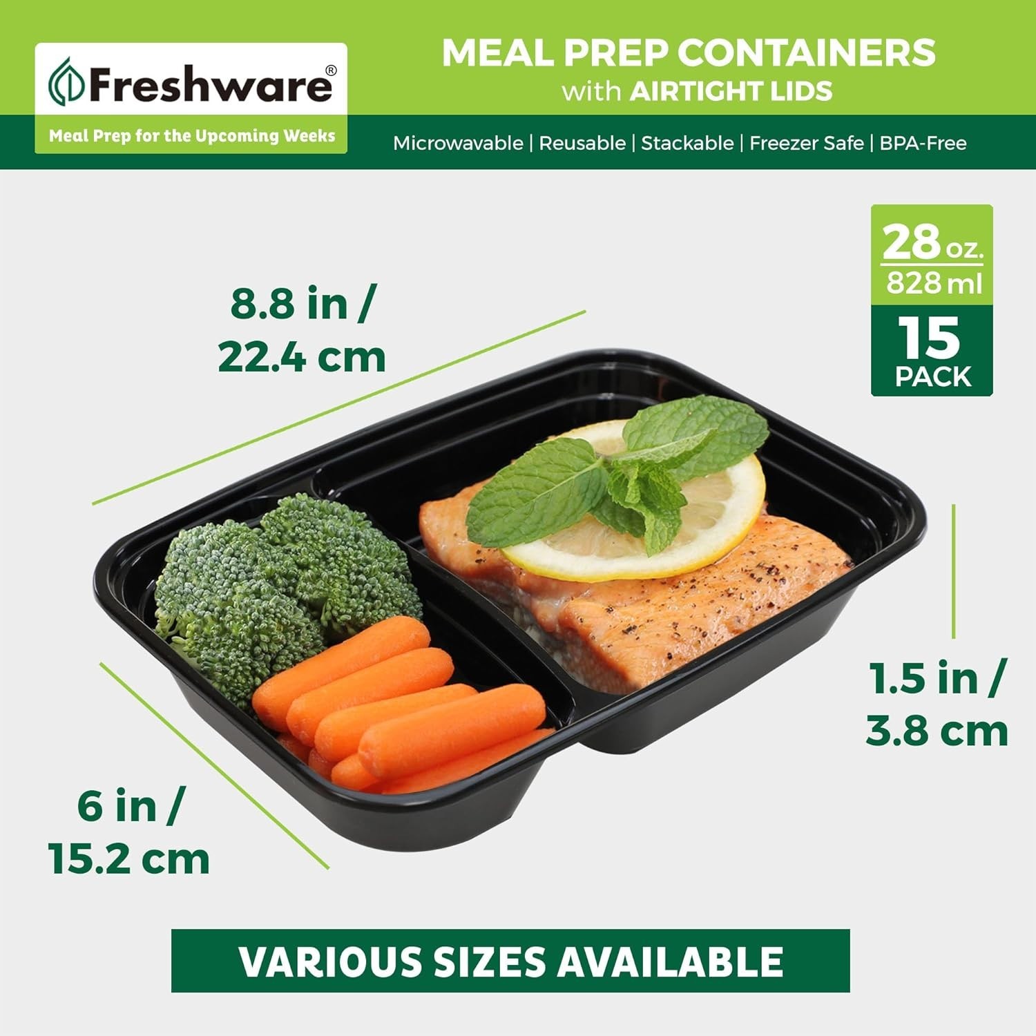Versatile Meal Prep Containers [15 Pack] – 2 Compartment Bento Boxes, 28 oz