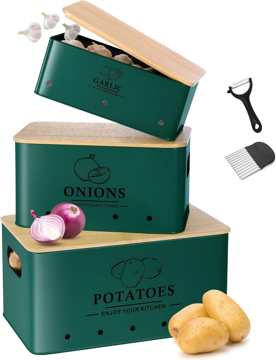 Kitchen Vegetable Storage Set of 3, Metal Onion Garlic Potato Storage Set, Kitch
