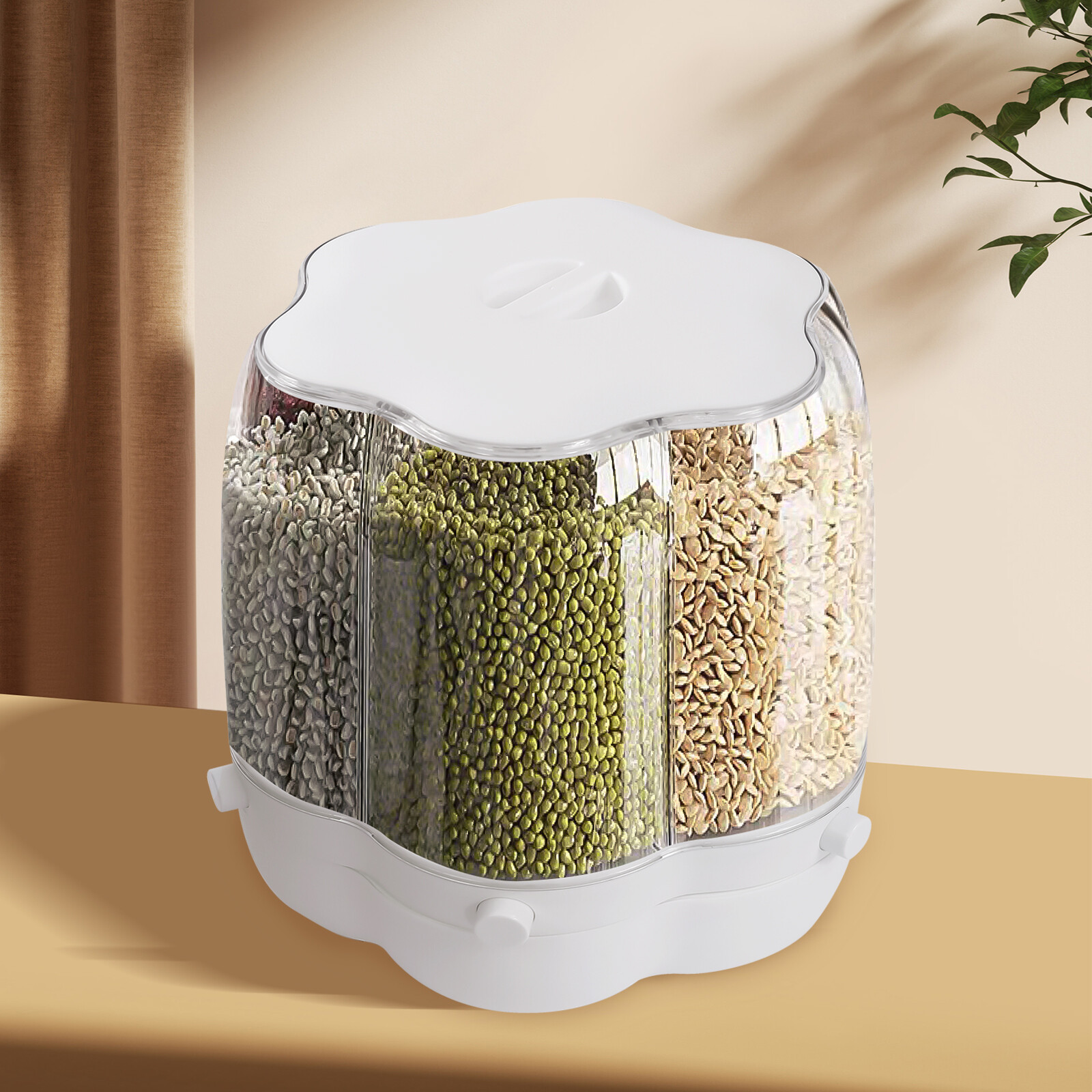 6-Grid Rotating Rice Dispenser, 360° Rotation Grain Storage Box, Nut/Bean Bucket