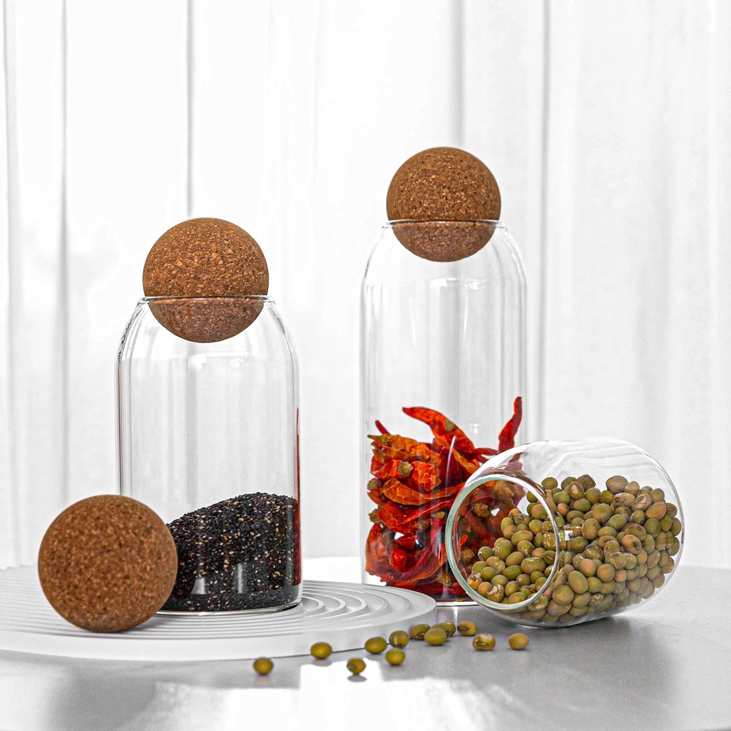 3 Pcs Glass Storage Jars with Cork Ball Lids – Airtight Decorative Round Glass