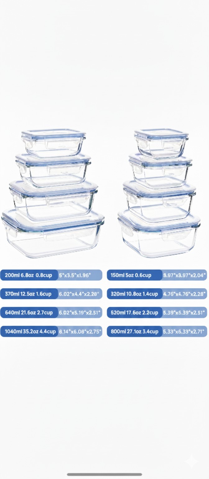Set of 8 Pack Food Storage Containers Retangle Glass With Lids