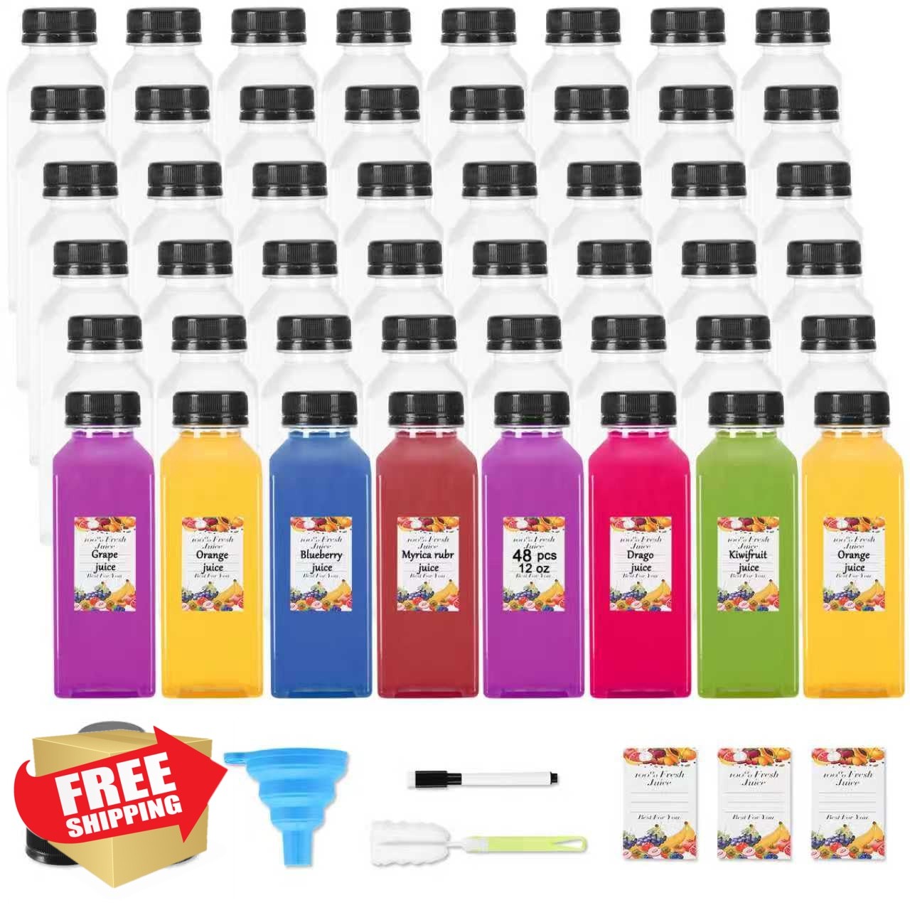 Janisfirst 12oz Plastic Juice Bottles 48pc Black Caps