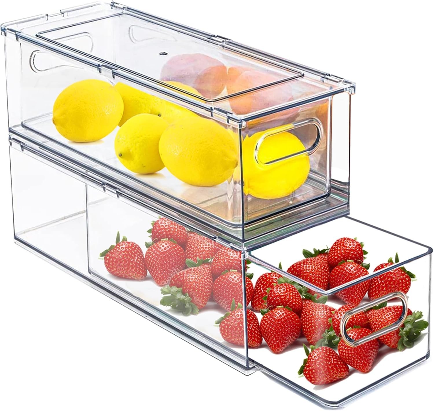 Stackable Clear Storage Drawer W/ 3 Dividers Pantry Shelf Fridge Organizer Fruit