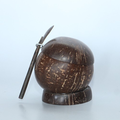 Eco Friendly Organic Handmade coconut shell salt container with spoon