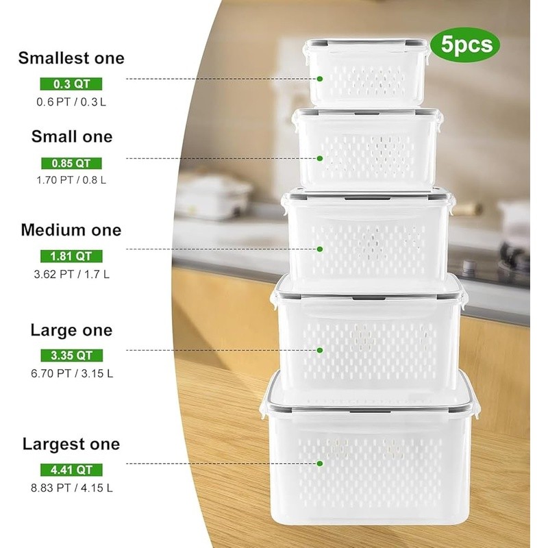 Plastic Fridge Storage Containers 5 Packs BPA Free Food Saver Colander New