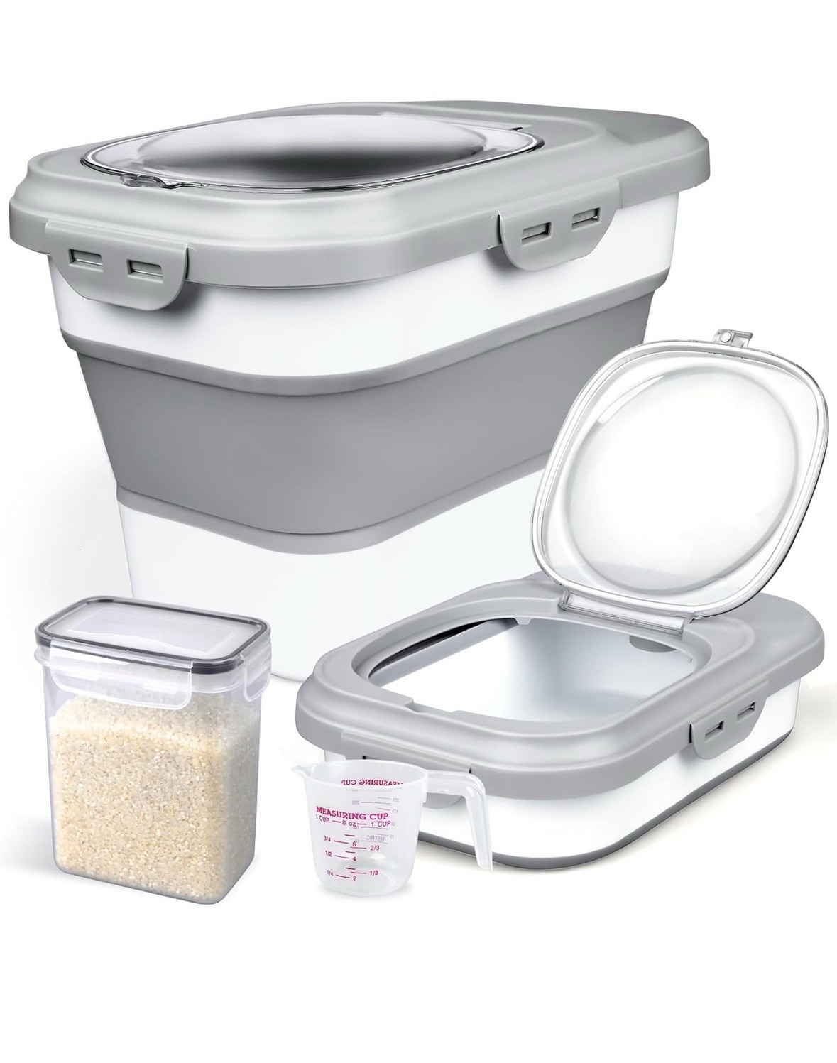 Expandable Airtight Food Storage Dispenser Gray/White 20lb Rice 10lb Pet Food