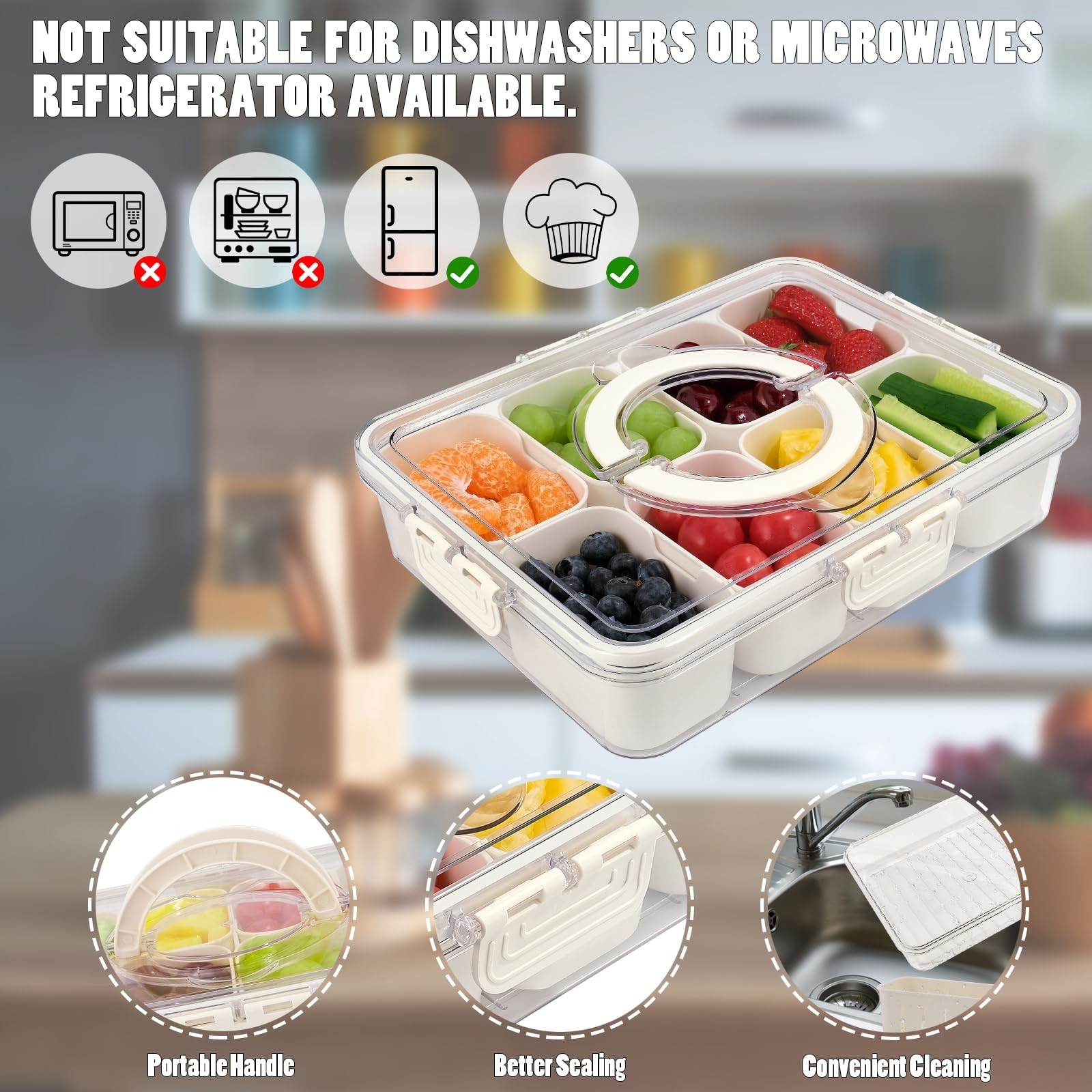Portable Snack Box with Lid & Handle – 8 Compartment Serving Tray for Veggies, C