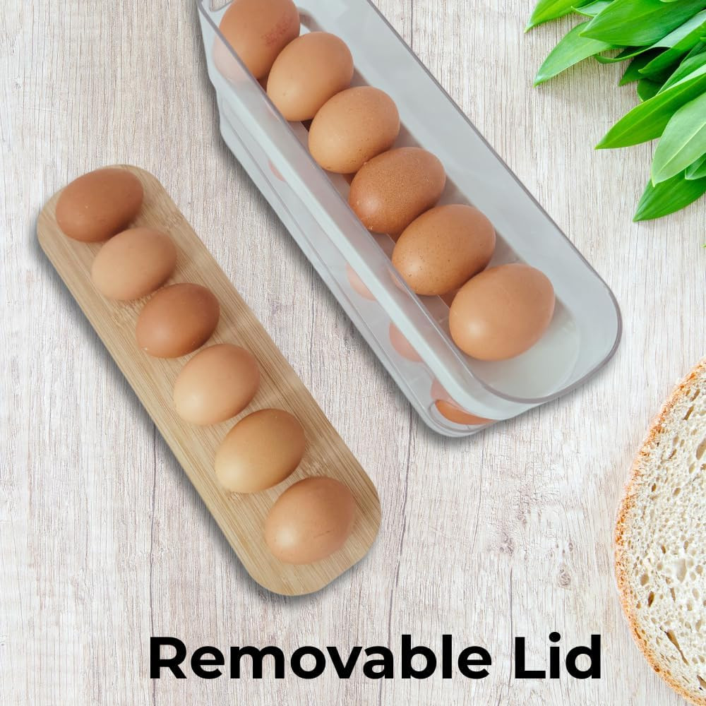 18 Egg Dispenser Refrigerator Durable Organizer Wooden Lid Space-Saving Storage