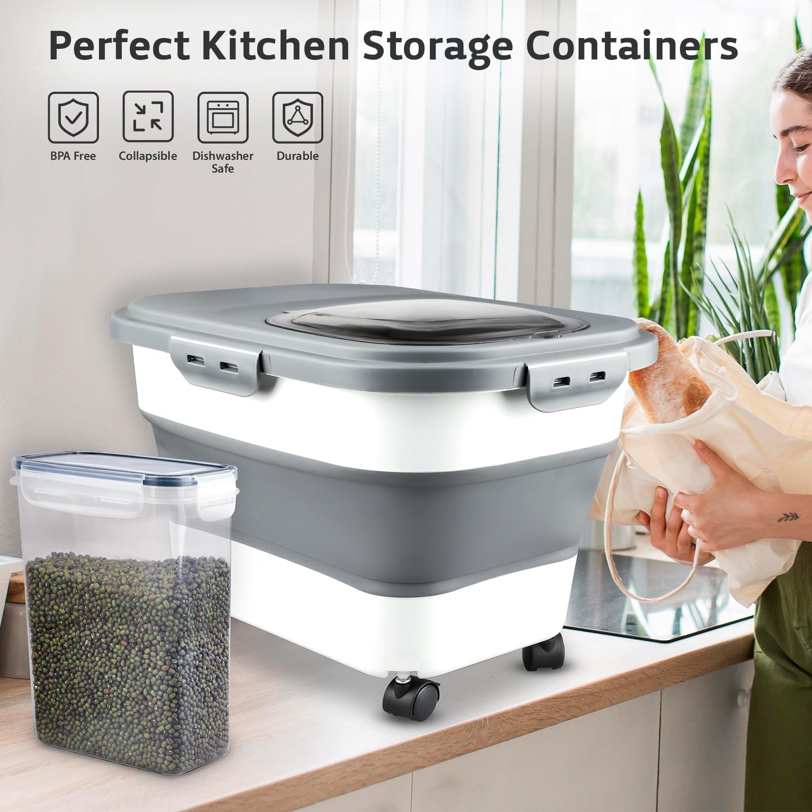 Komzon Rice Storage Containers, Collapsible 20 to 30Lbs Food Storage Bin Disp…