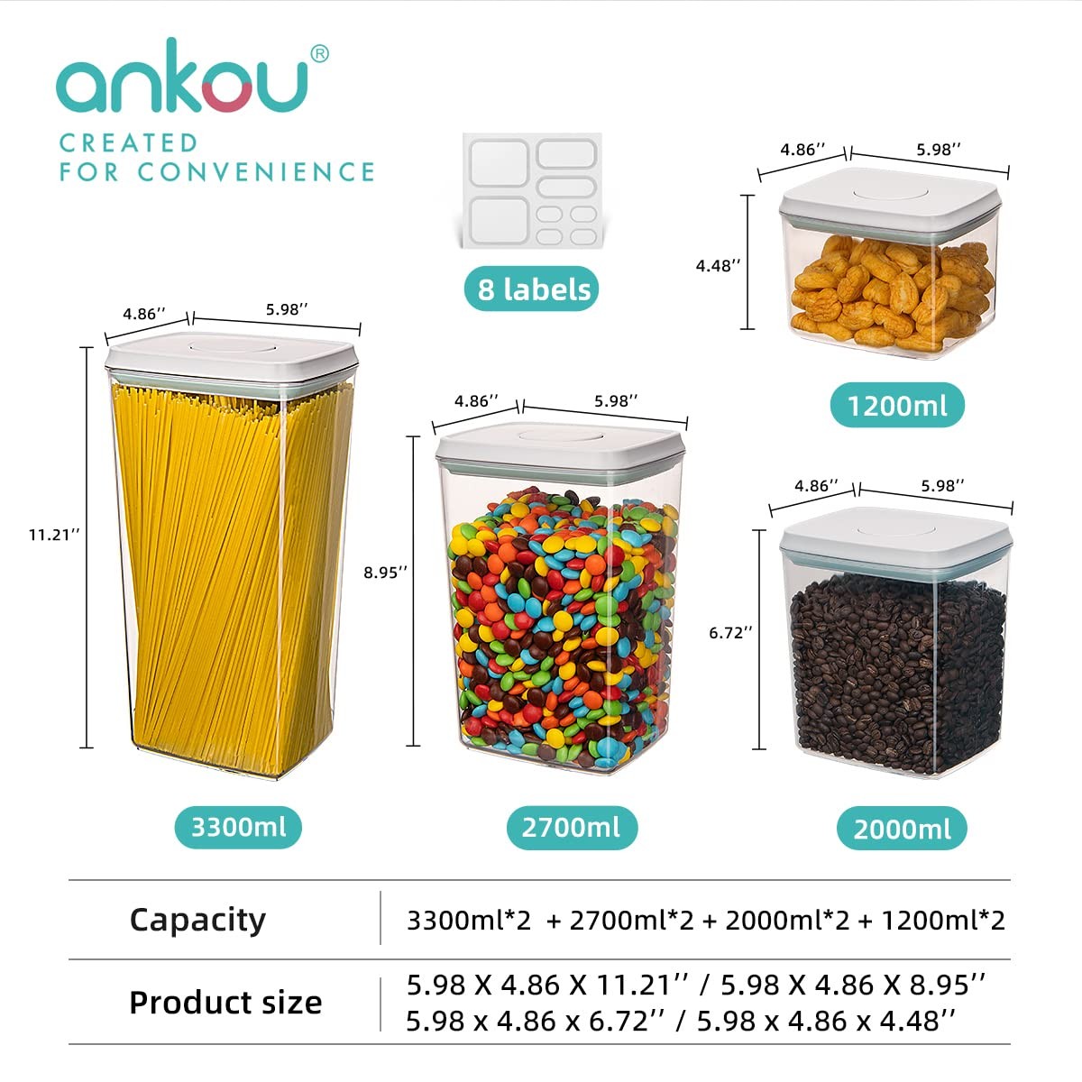 Ankou Food Storage Containers Pop Airtight 1200ml, 8 Pcs Set (1)