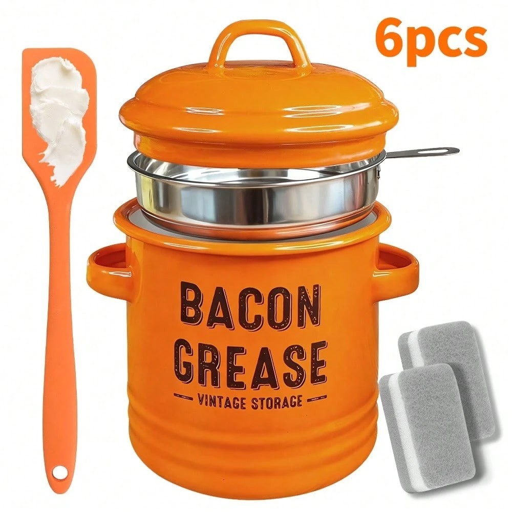 Bacon Grease Container Lard Oil Strainer Jar Lid Funnel Kitchen Storage