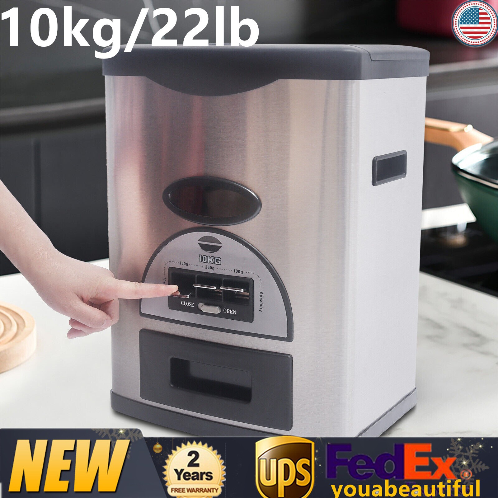 22lb Rice Dispenser Auto Rice Dispenser Stainless Steel Rice Storage Box Black.
