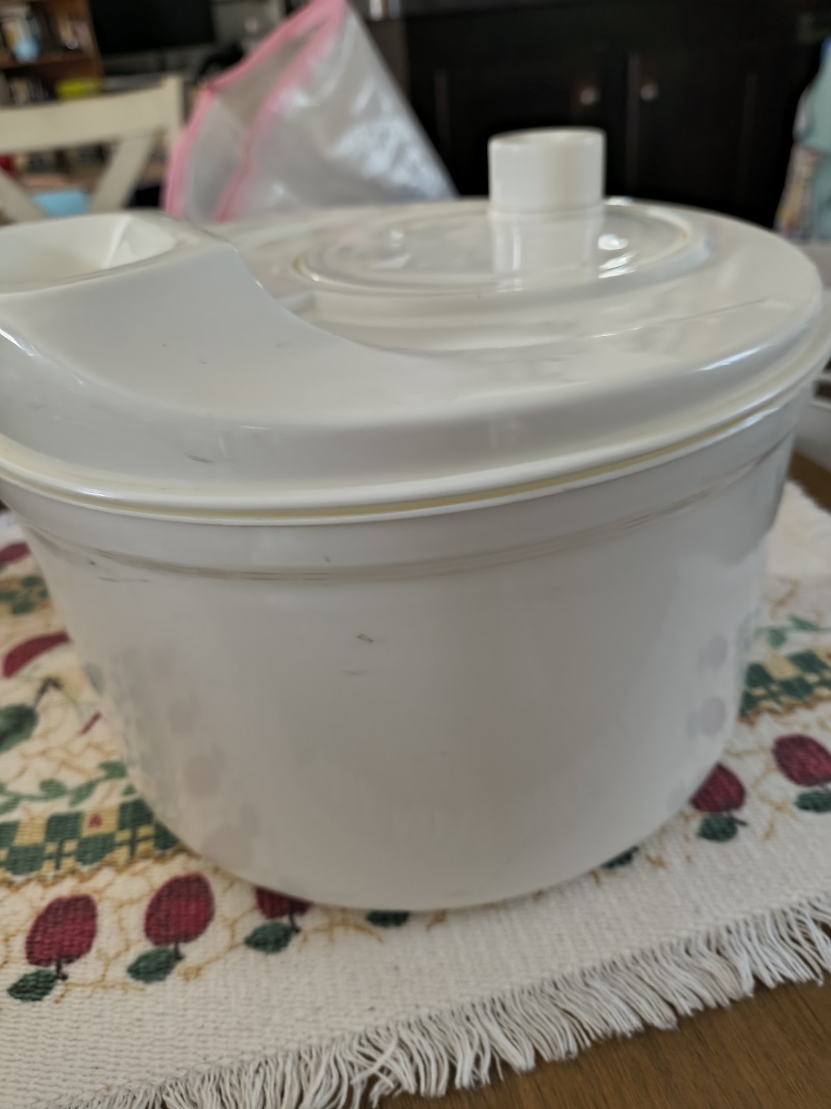 Vintage Round 1.5 Qt White/Gold Plastic Salad Spinner Container w/ Handle Lid