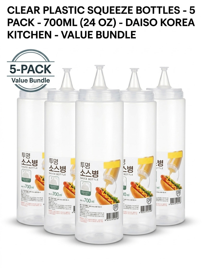 [5-Pack] Clear Plastic Squeeze Sauce Bottles 700ml 24oz Daiso Korea Kitchen