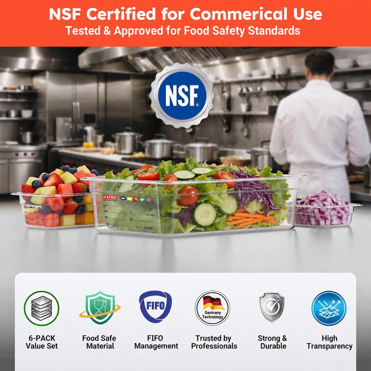 6-Pack 1/3 Size 6″ Deep Polycarbonate Food Pans, NSF Commercial Clear Food Pr…