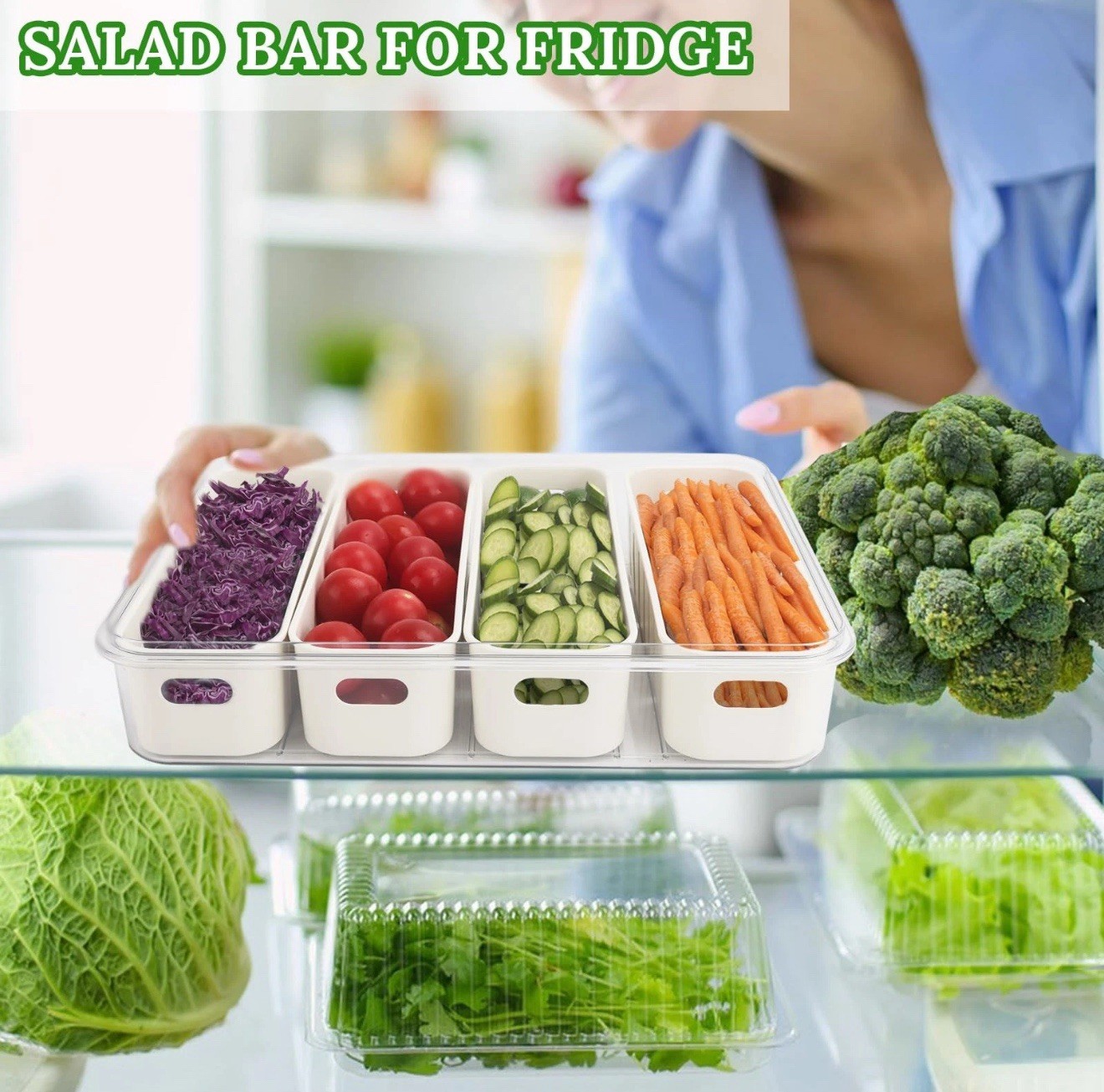 Salad Bar Containers for Fridge with Lid and Handle Fruit Storage 4 Removable