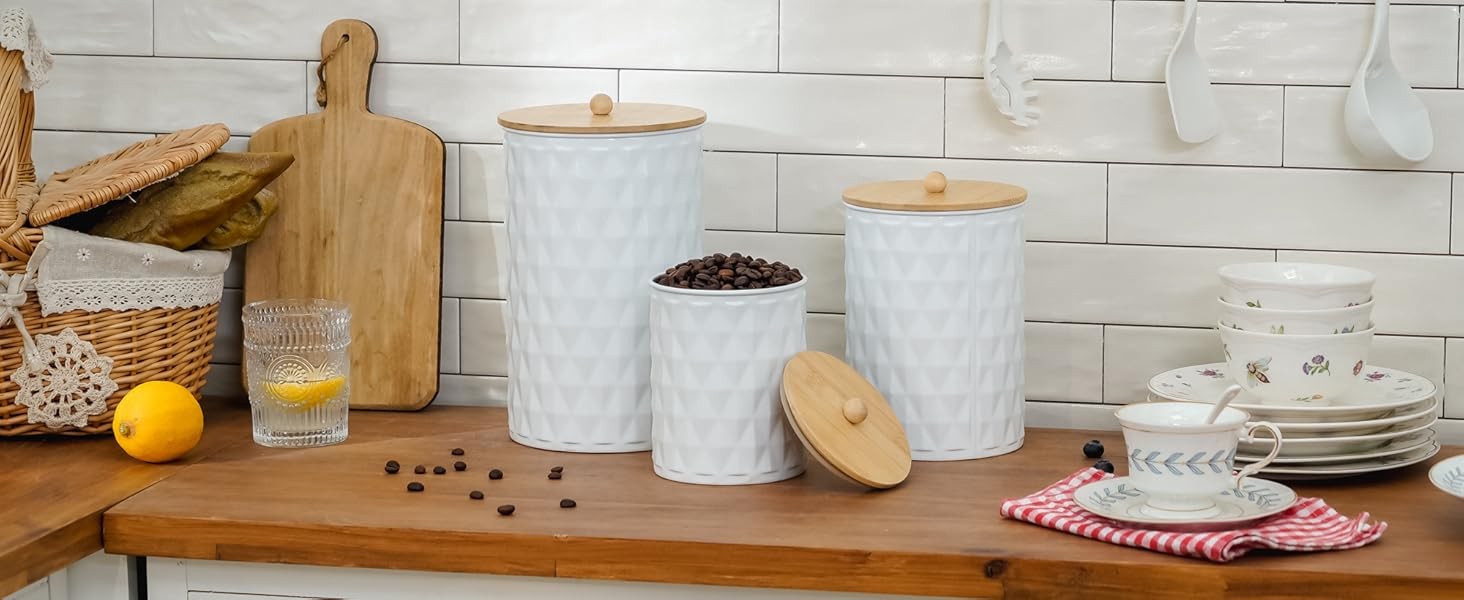 Kitchen Canister Set of 3 Tea Coffee Sugar Containers with Airtight Bamboo Lids