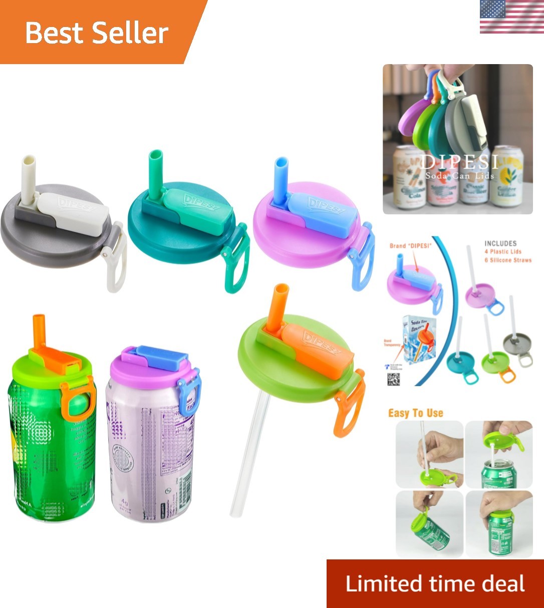 4-pack 4 Color Soda Can Lids with straw, Soda Can Covers with Silicone straw …