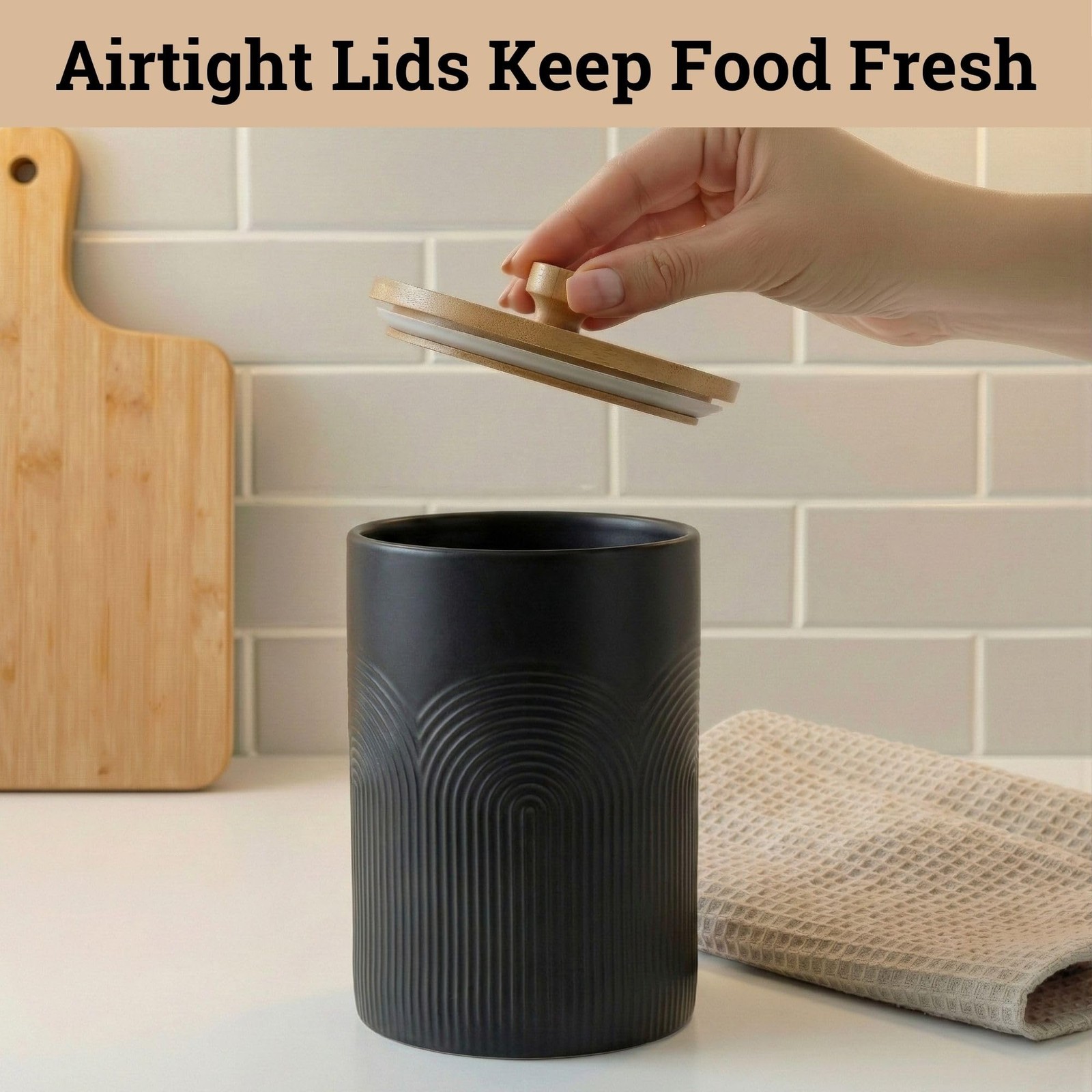 Ceramic Kitchen Canisters for Countertop Set of 3 with Airtight Bamboo Lids -…