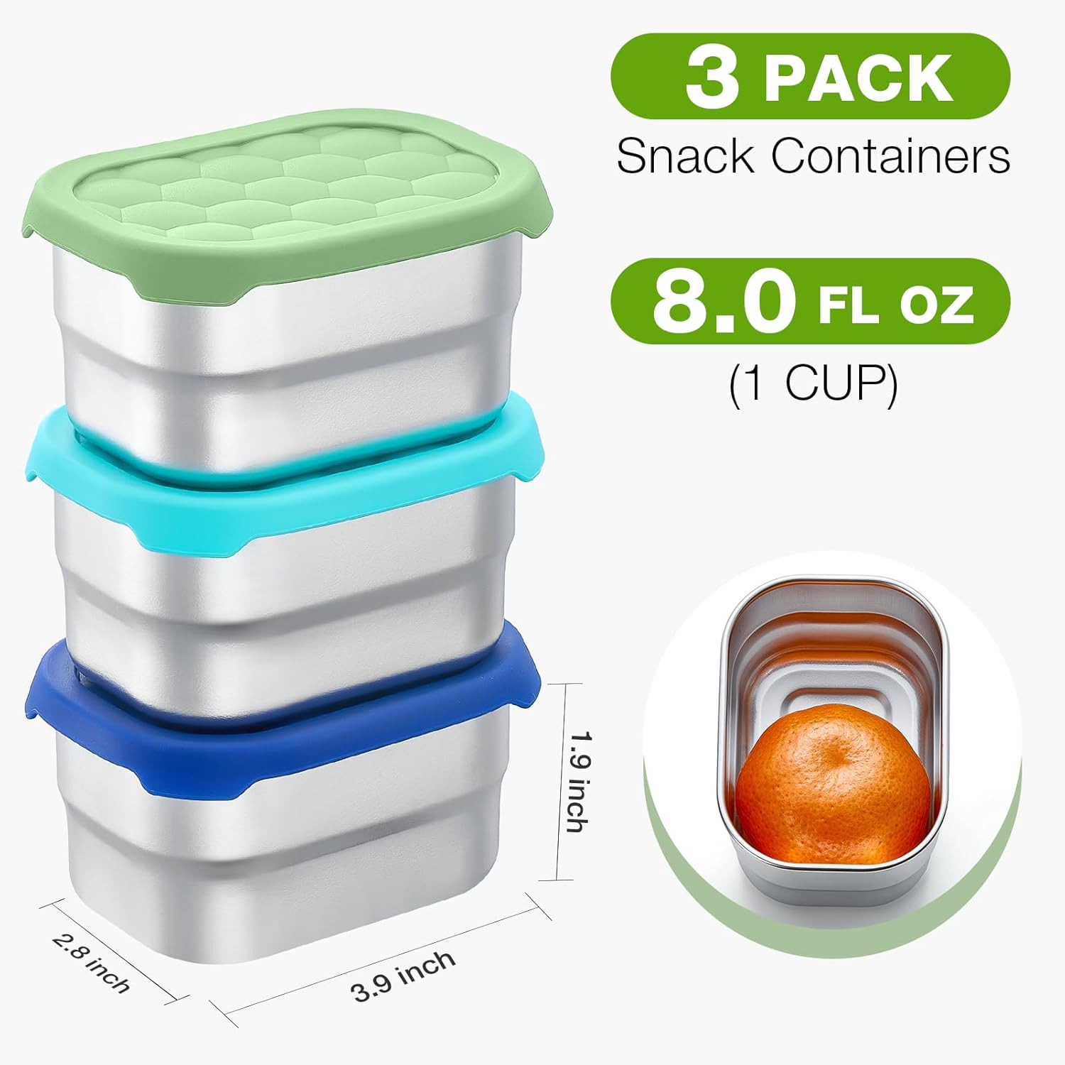 Set de 3 recipientes de acero inoxidable para snacks azul a prueba fugas escolar