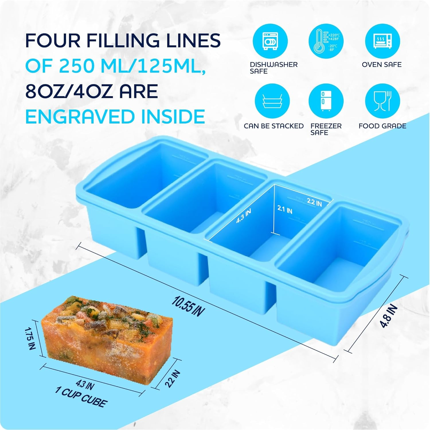 Silicone Freezer Trays with Lid,1-Cup Soup Freezer Container Large Ice Cube Mold