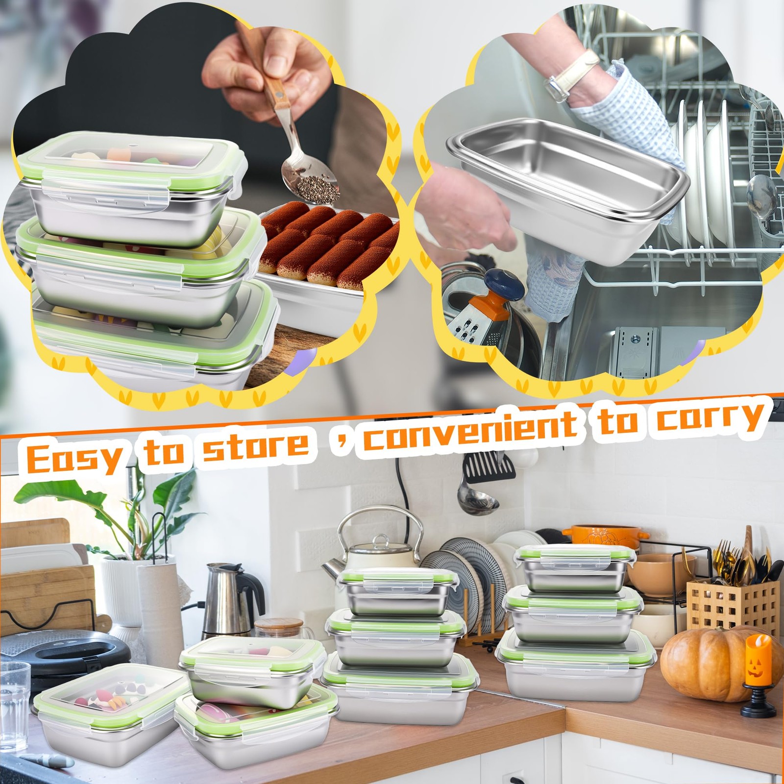 15 Pcs 304 Stainless Steel Food Containers with Airtight Lids Bento Lunch Box…