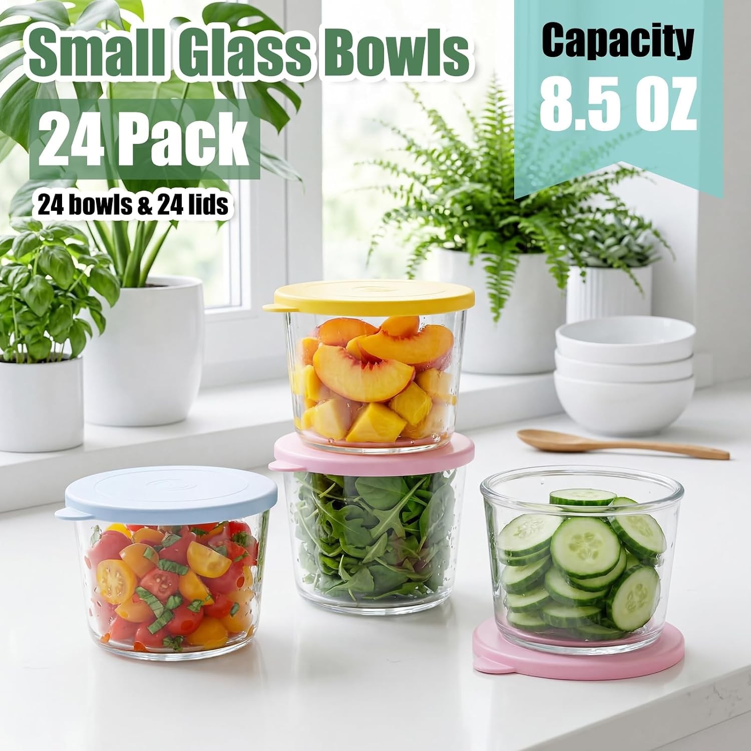 24 Pack Small Glass Bowls with Lids 8.5oz Mini Glass Custard Cups Stackable