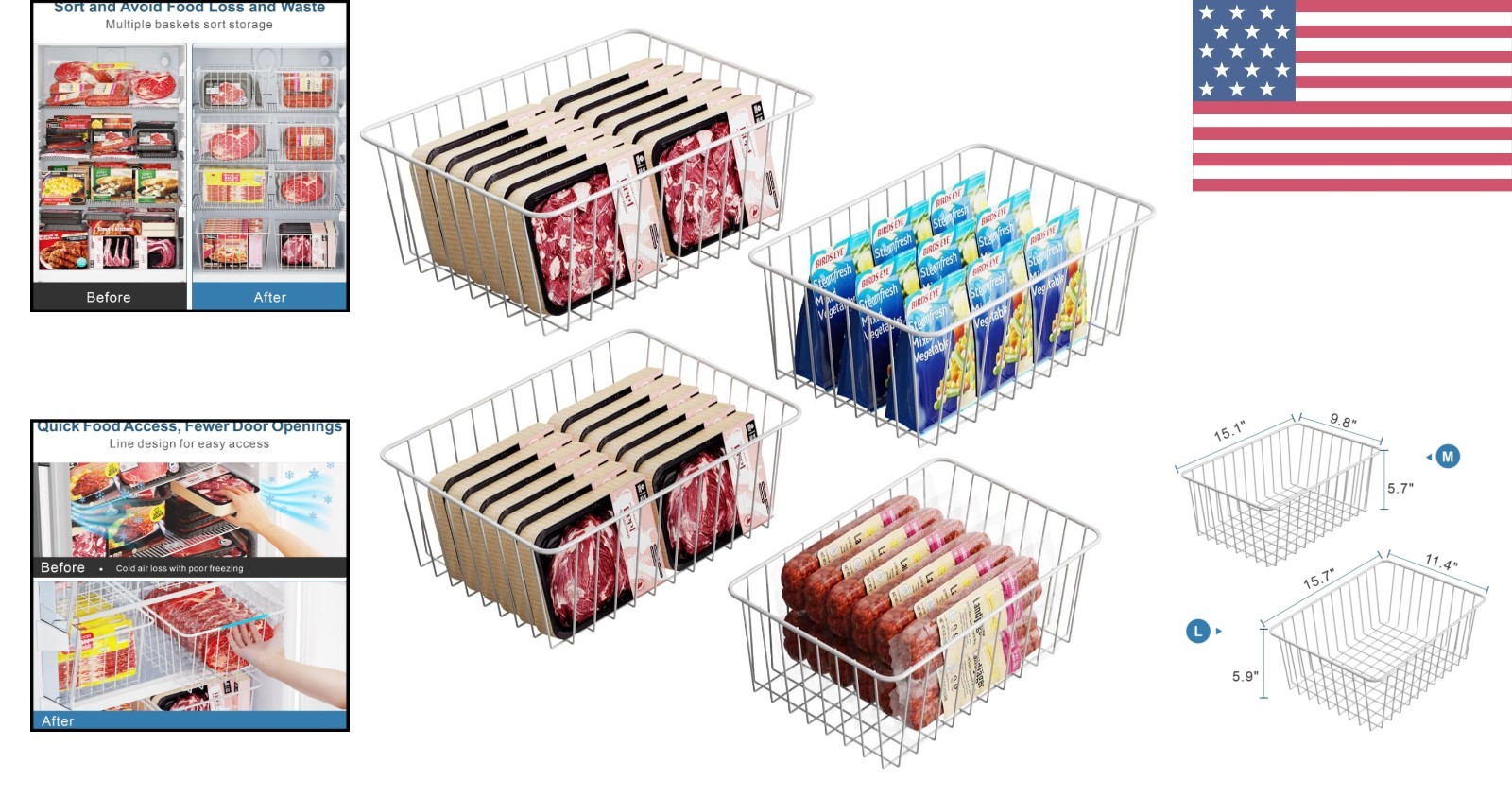 Elegant Slide-Out Freezer Bins – 2 Large & 2 Medium for Ultimate Freshness