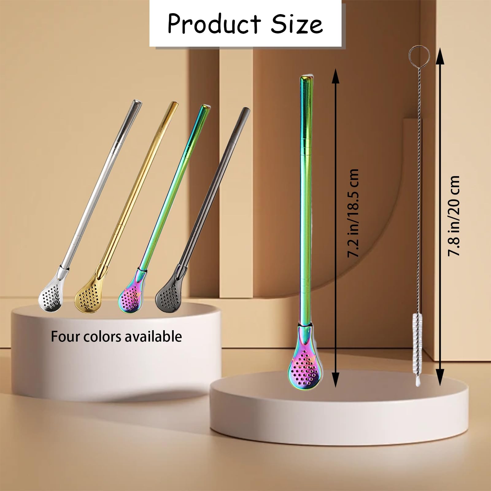 2 Pieces Stainless Steel Straw Spoon Filter with 2 Cleaning Brush, 18, Gold