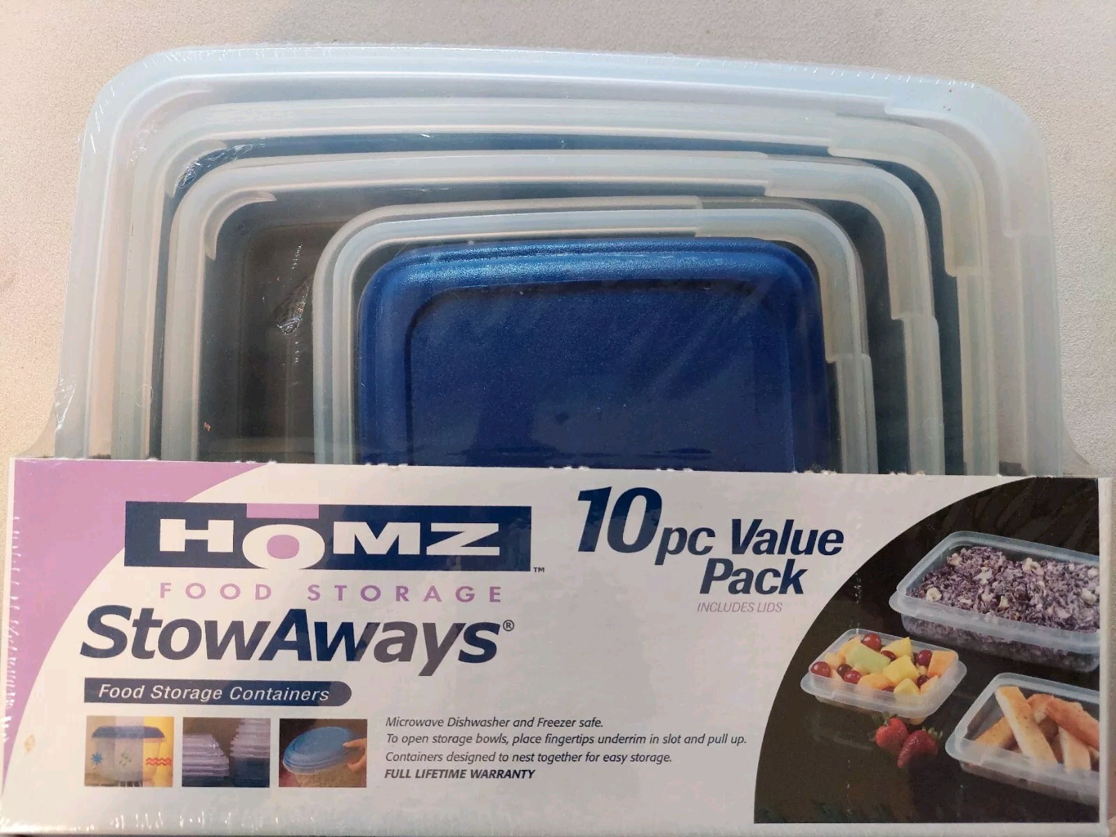 Vintage 1999 Homz StowAways Clear Plastic Food Storage Containers, 10 Pc Set NOS