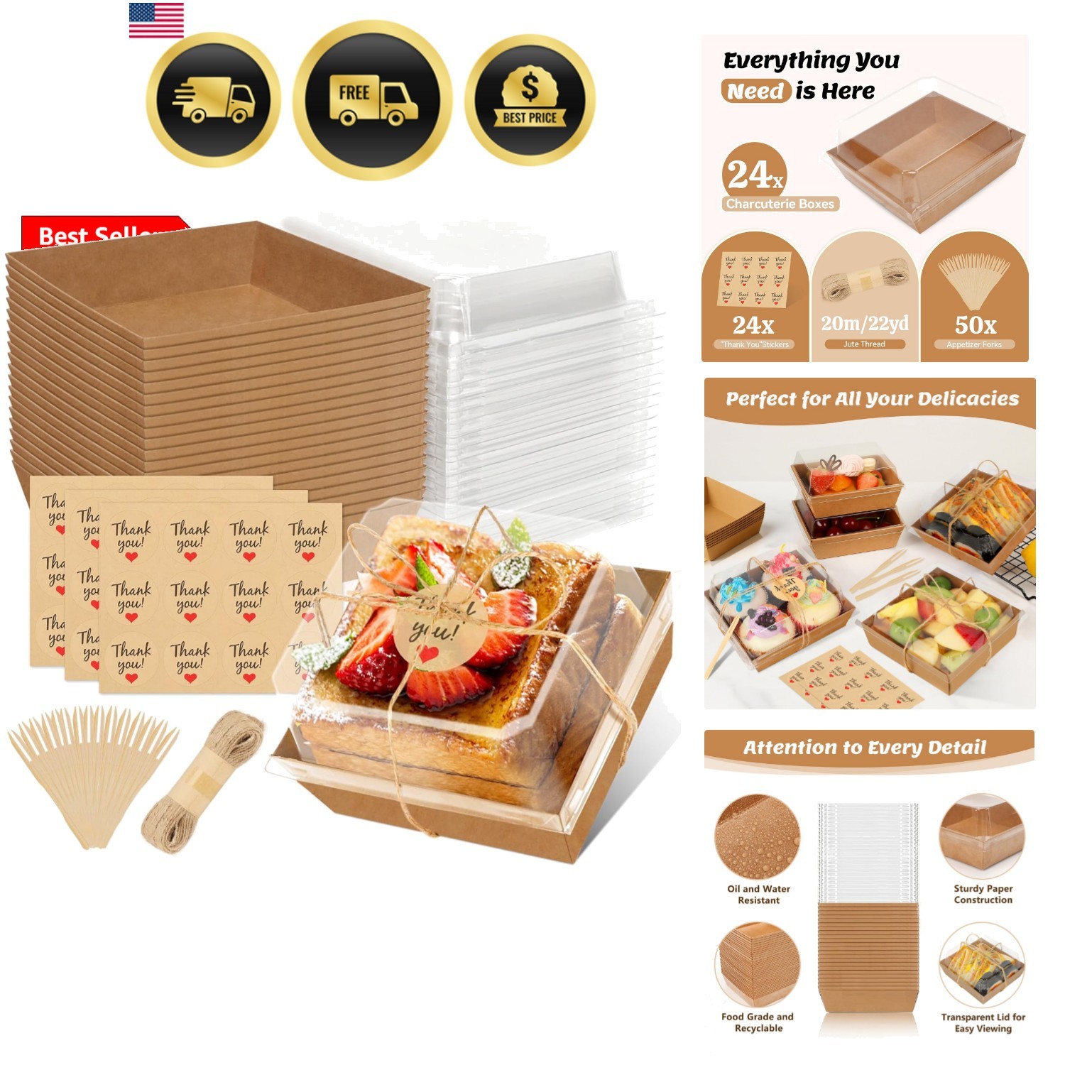 24 Pack Small Charcuterie Boxes with Clear Lids, Paper Mini Charcuterie Box T…