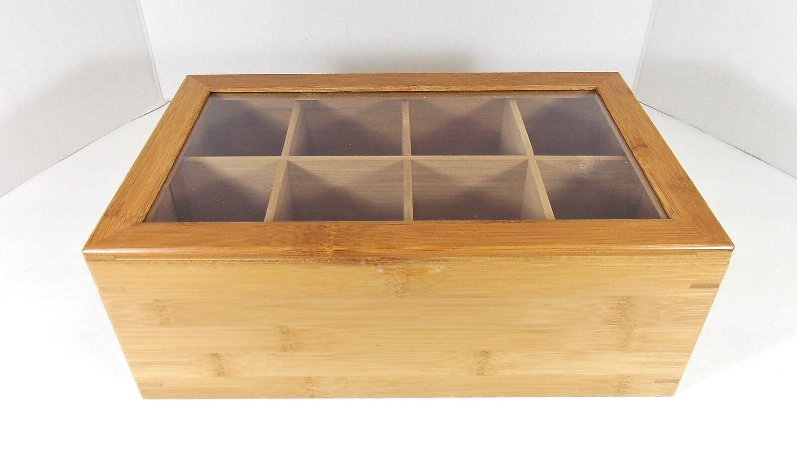 Bamboo Box Divided Tea Caddy Hinged Clear Lid