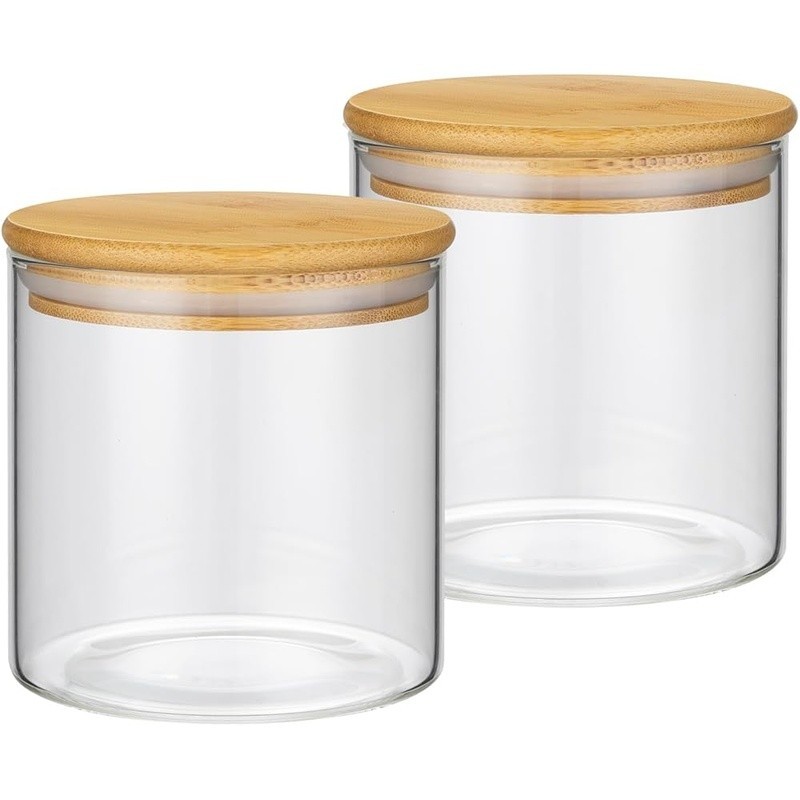 Airtight Glass Cookie Jar Set of 2 Wood Lids Food Storage Container 550ml New