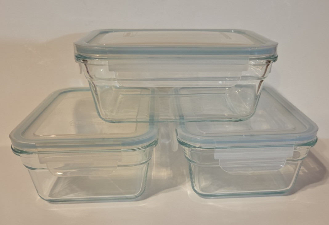 Set of 3 Glasslock Glass Food Storage Containers w/ Snap Lock Lids OCRT-090