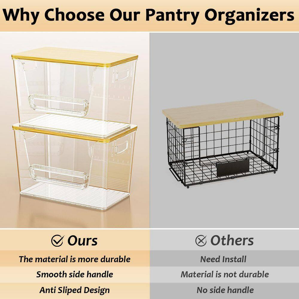 Stackable Pantry Organizers W/ Bamboo Top, Clear Acrylic Bins for Kitchen/Pantry