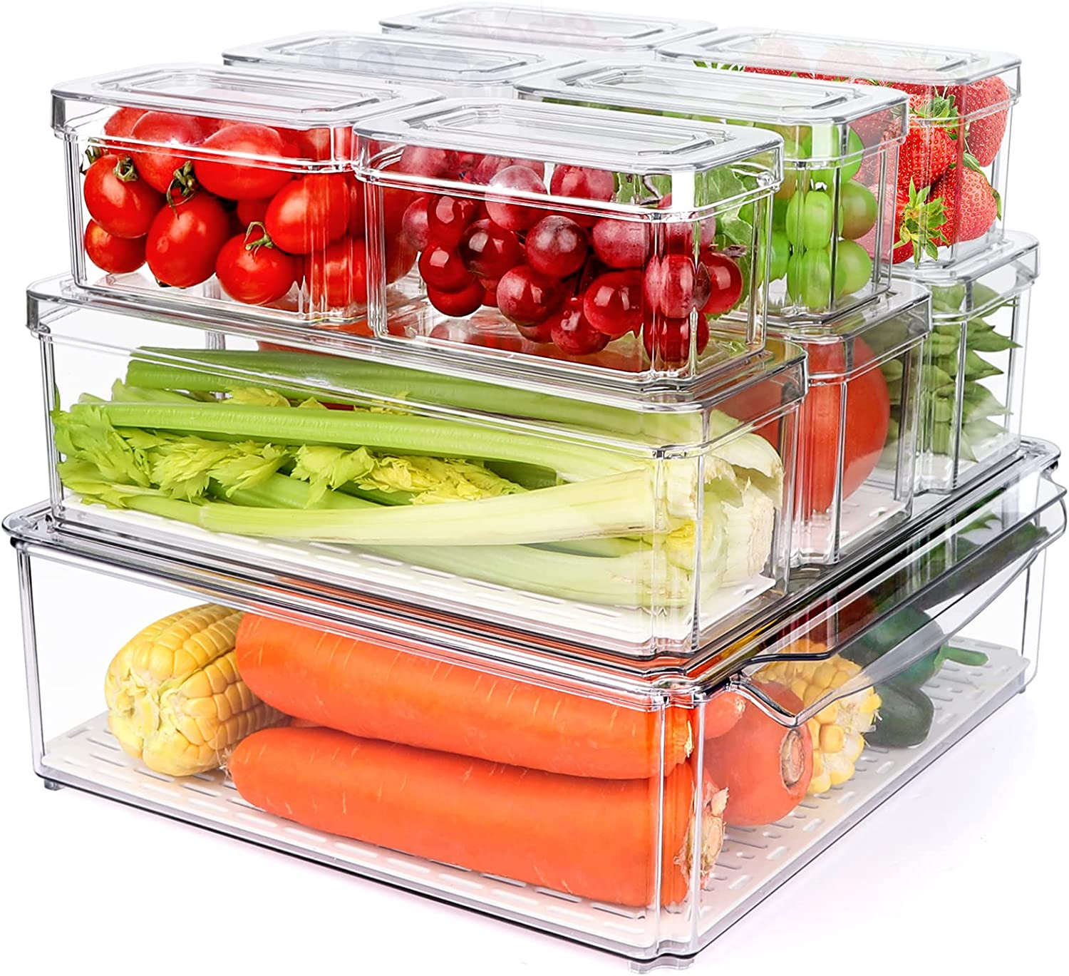 10pcs Clear Plastic Stackable Fridge Organizer Bins w/ Lids-Kitchen,Drinks,Fruit