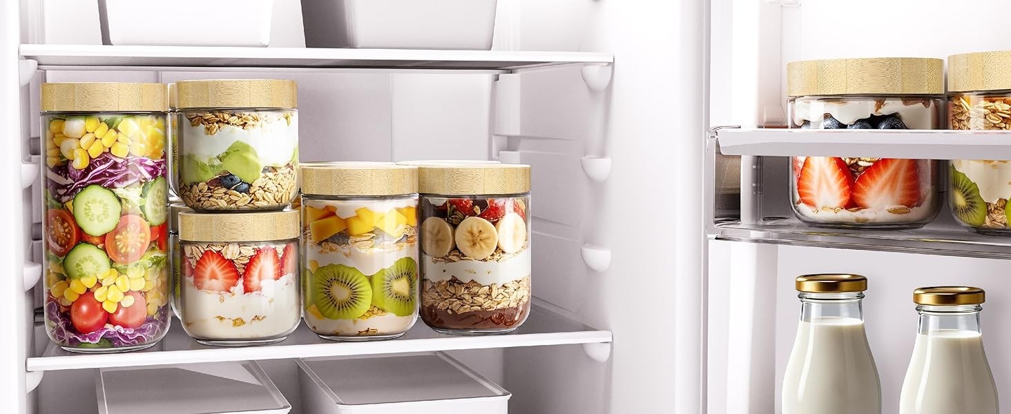 4 pack 16oz Overnight Oats Containers with Bamboo Lids, Glass Jars with Airtight