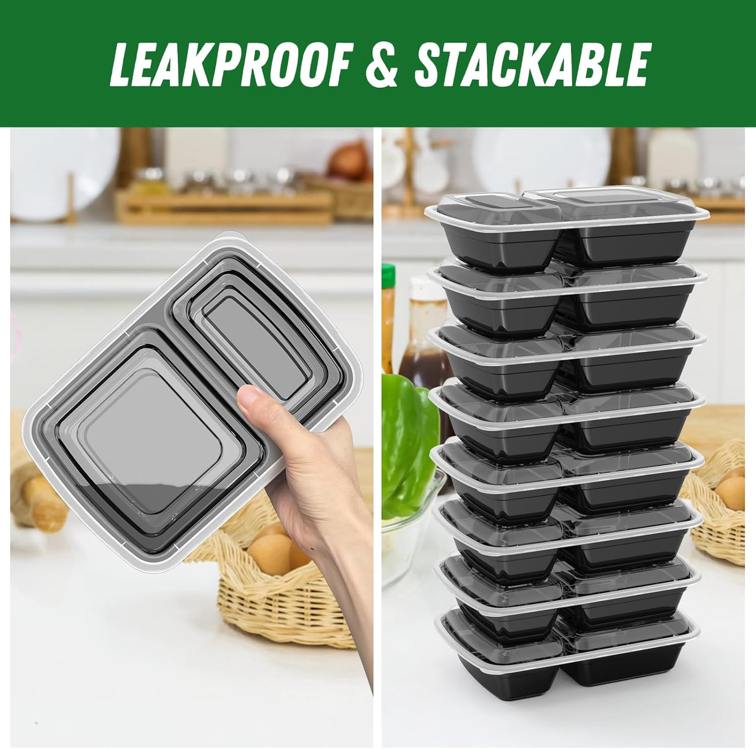 50 Pack (100-Piece) 28 Oz Meal Prep Containers Reusable with Lids 2-Compartment,