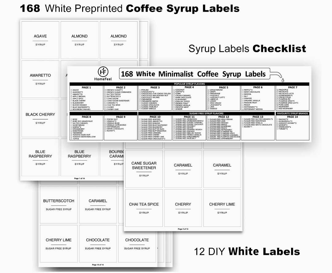168 Coffee Syrup Labels for Coffee Bar Accessories, Minimalist Fancy Decor