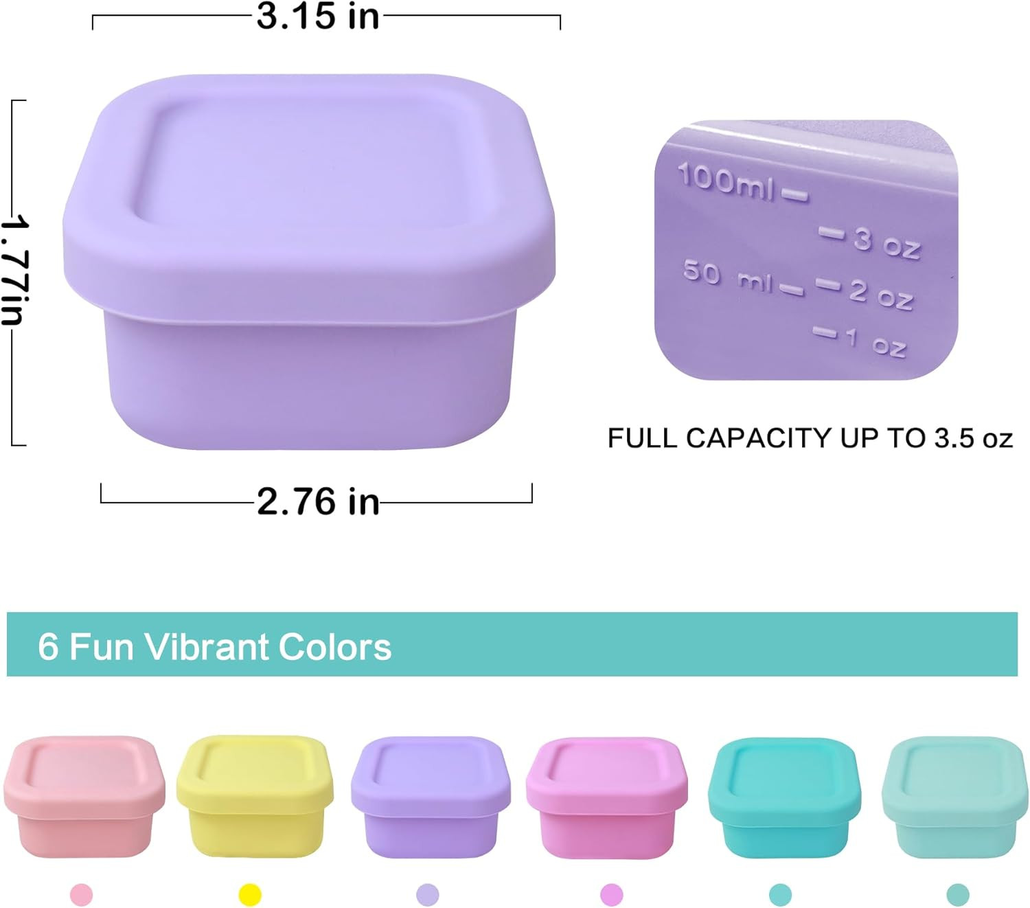 6 Pack 3.5 Oz Silicone Food Storage Containers Leak Proof Food Snack Storage Cub