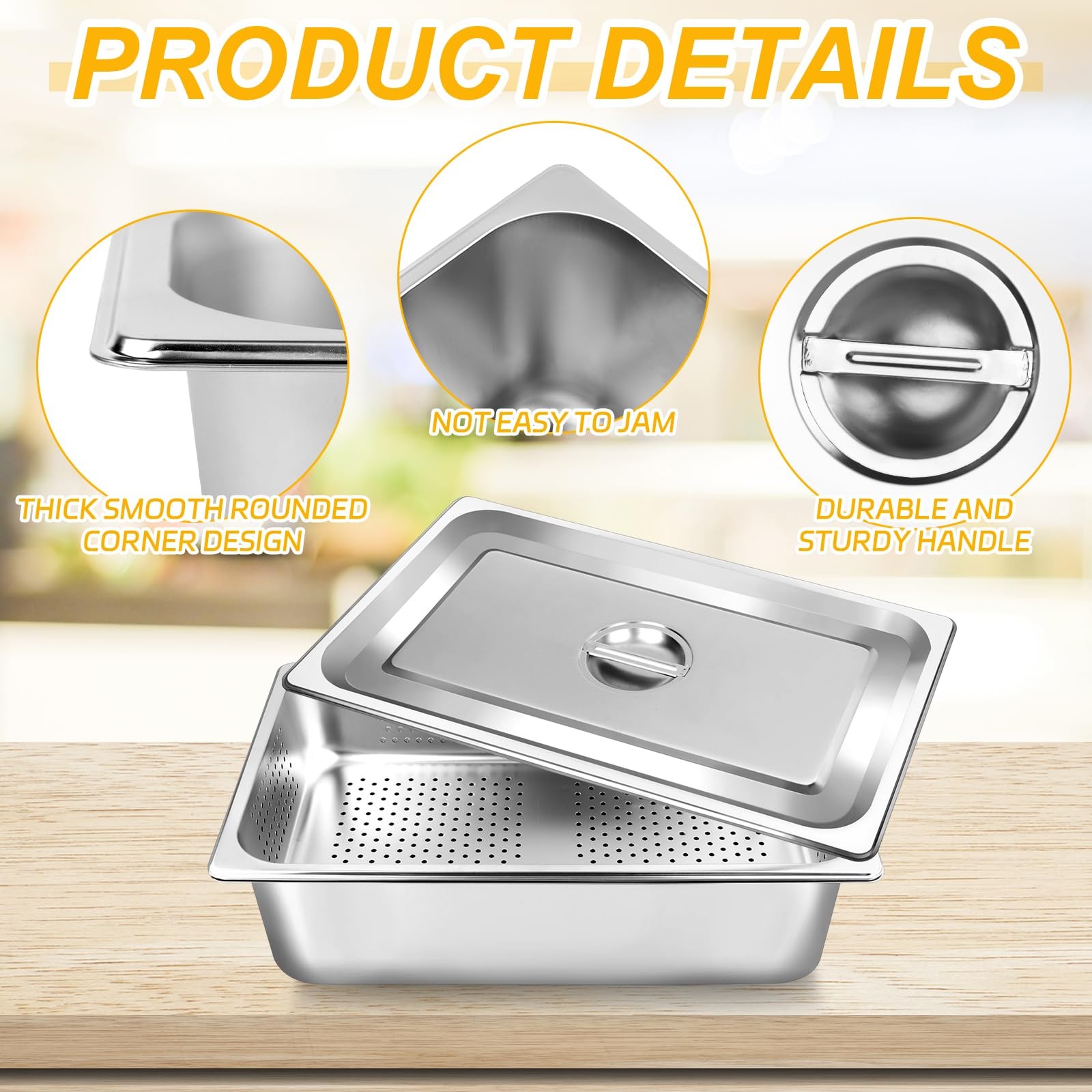 3 PCS Full Size 4 Inch 6 Inch Hotel Pan Lid Perforated Steam Table Stainless