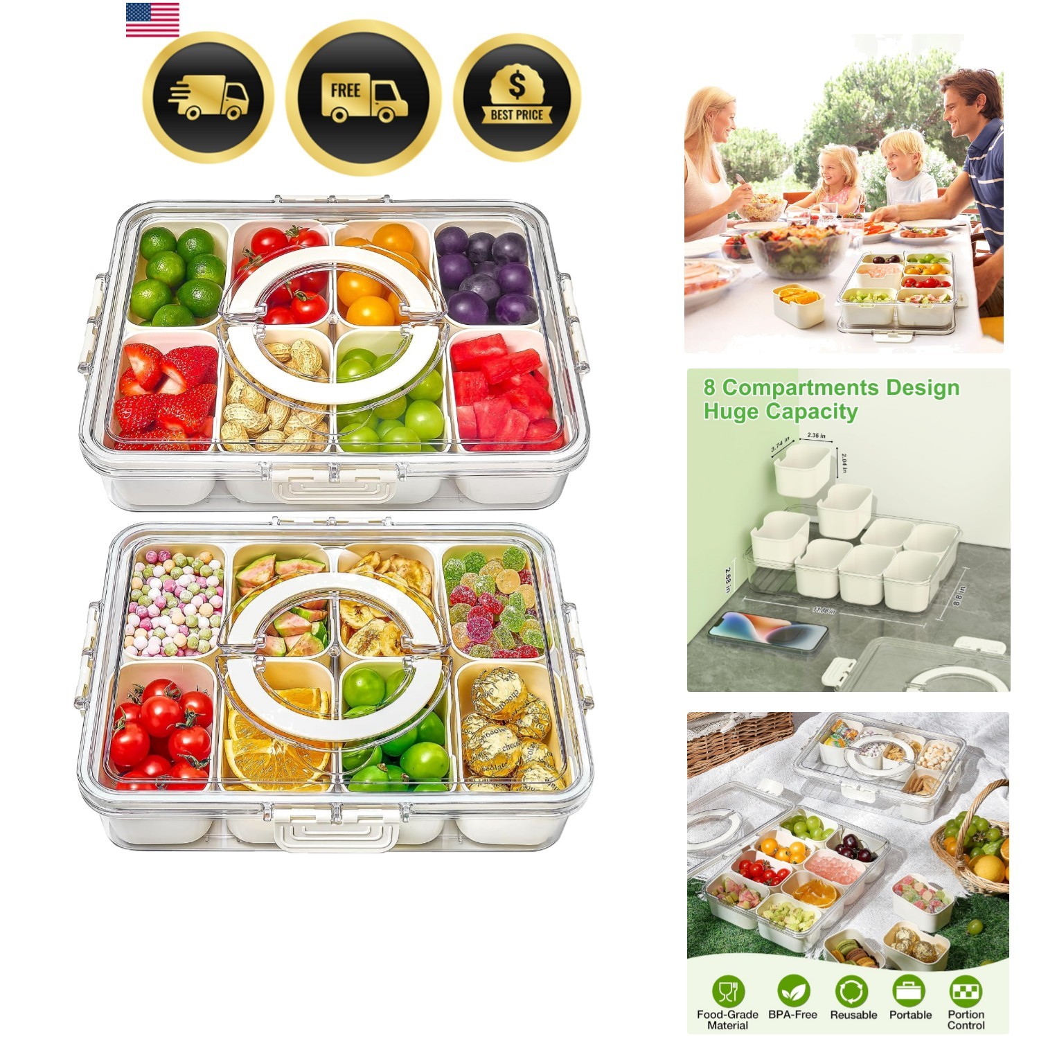 Snackle Box Container, 2 Pack Divided Serving Tray with Lid and Handle, Snack…