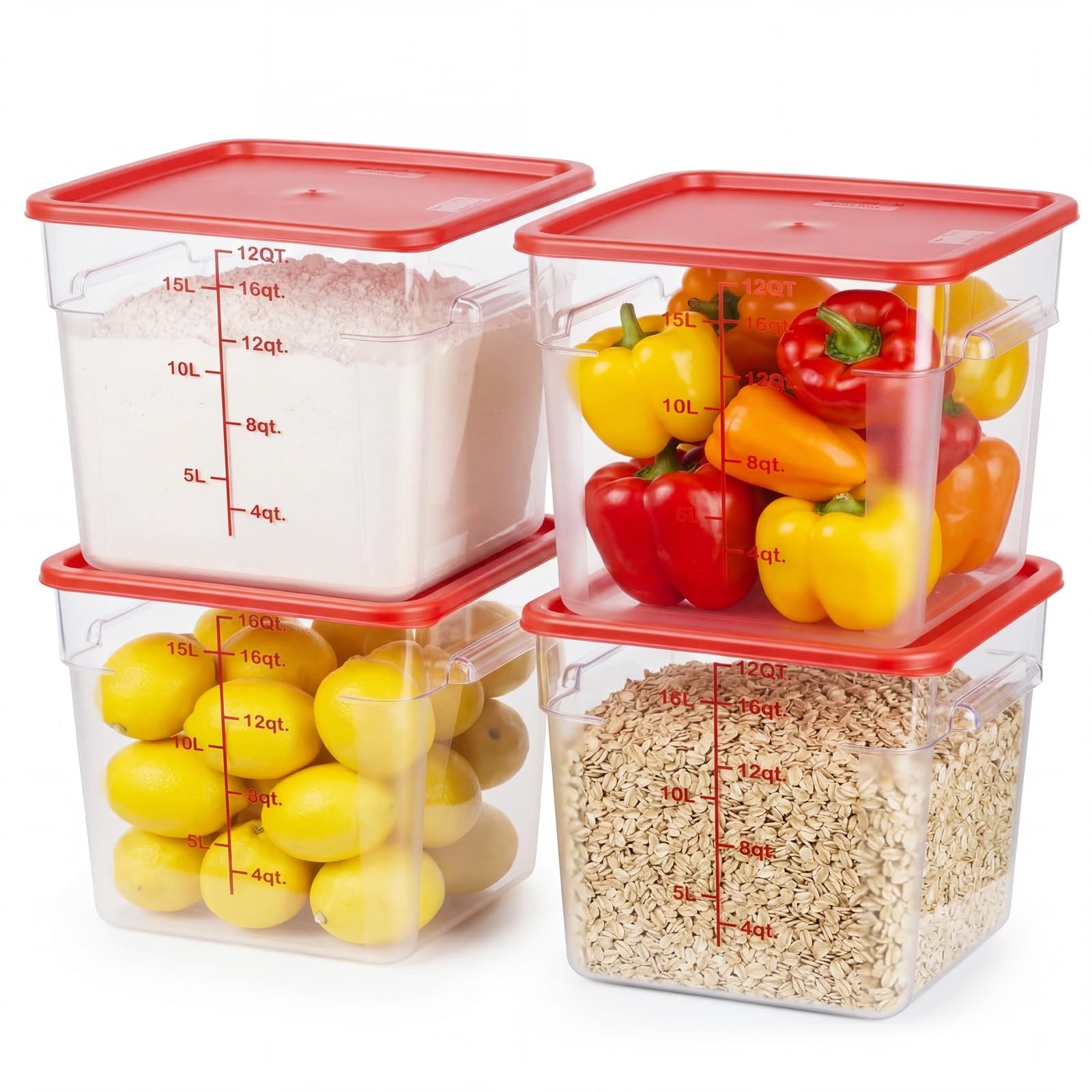 4 Pack Food Storage Containers with Red Lids, 12.0 Qt – Square, Clear, Polyca…