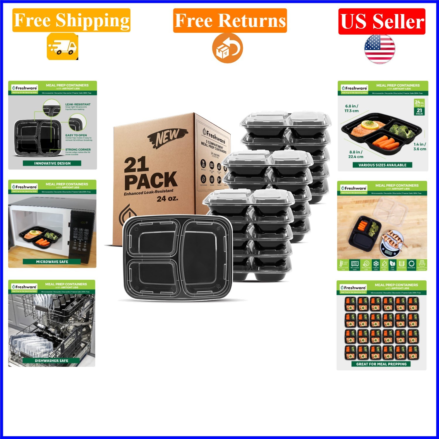 21-Pack 24oz Black Bento Meal Prep Containers with Lids, 3 Compartments