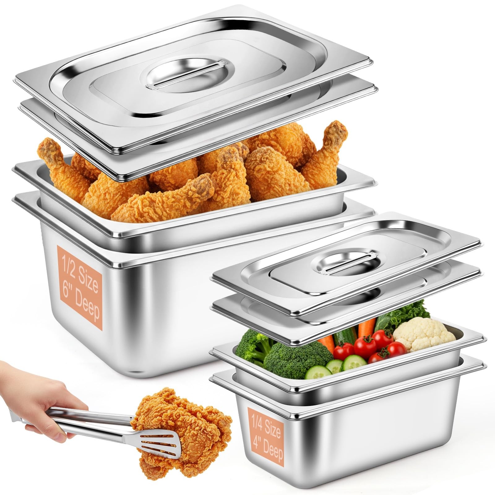 4 Pack Hotel Pans with Lids, 1/2 Size 6 Inch & 1/4 Size 4 Inch Deep Stainless…