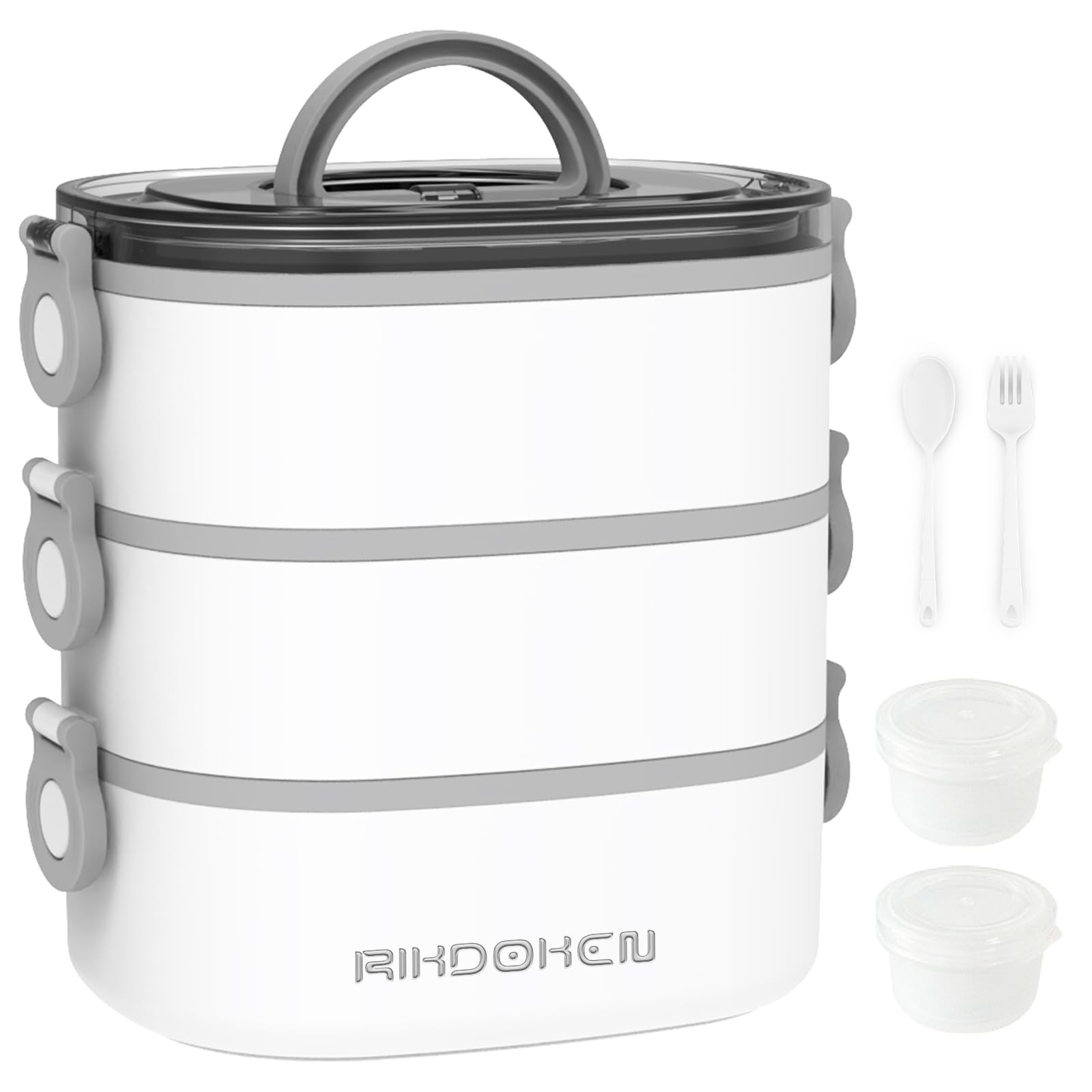 RIKDOKEN Lunch Box, Stackable 3 Layers Containers, Portable 3 Layers, White