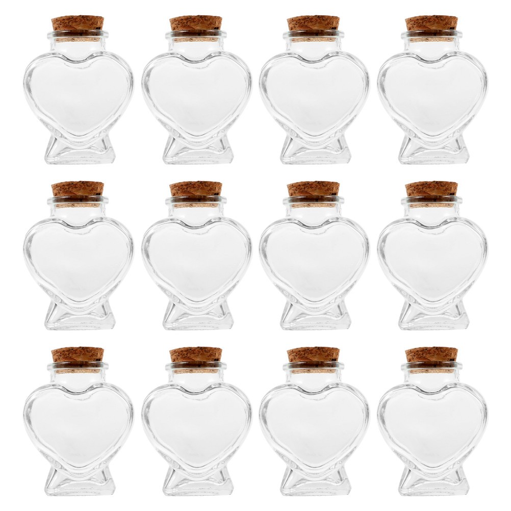 12 Pcs Mini Heart-shaped Wishing Bottle Glass Jar with Cork Clear Bottles