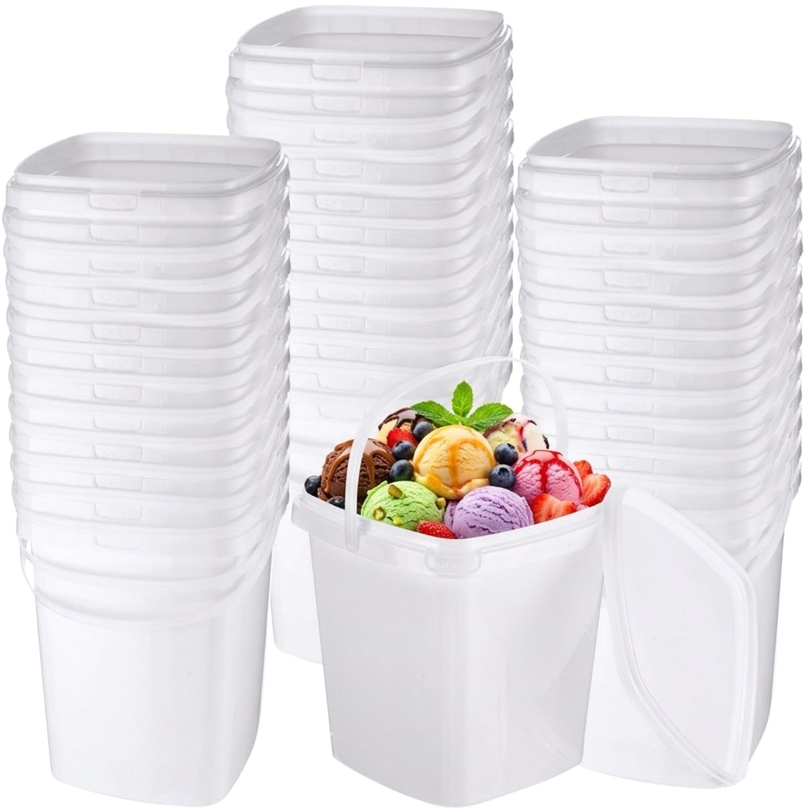 24 Pcs Plastic Food Containers Ice Cream Buckets With Lids And Handle Reusable S