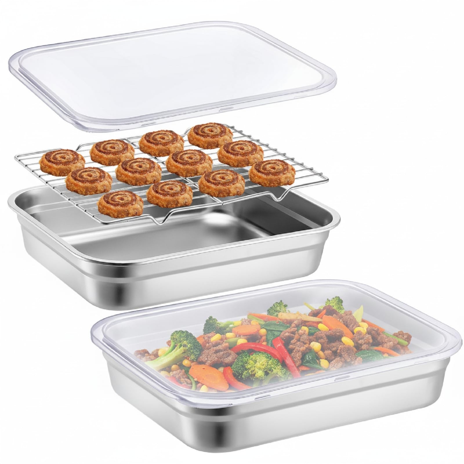Stainless Steel Food Container with Lid Rack Roasting Baking Pan Cake Pan wit…